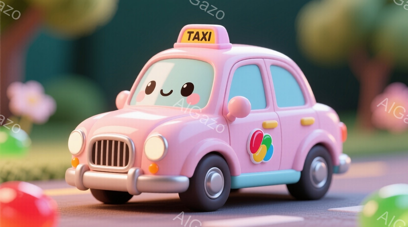 明るいピンク色の可愛らしいタクシーが、アスファルトの道路上に描かれた白い線の上を走っているように見えます。タクシーには大きな丸い目と微笑んだ顔が描かれており、かわいらしい表情をしています。背景には、ぼ - AI生成フリー素材