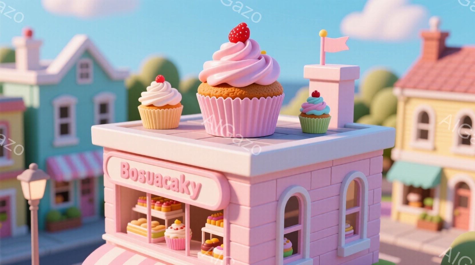 鮮やかなピンク色の建物が、可愛らしいカップケーキで飾られています。建物には「Bosuacky」という名前が書かれており、ショーウィンドウには様々な焼き菓子が並んでいます。背景にはパステルカラーの建物が並び、晴れた空の下、おとぎ話のような温かく甘い雰囲気が漂っています。