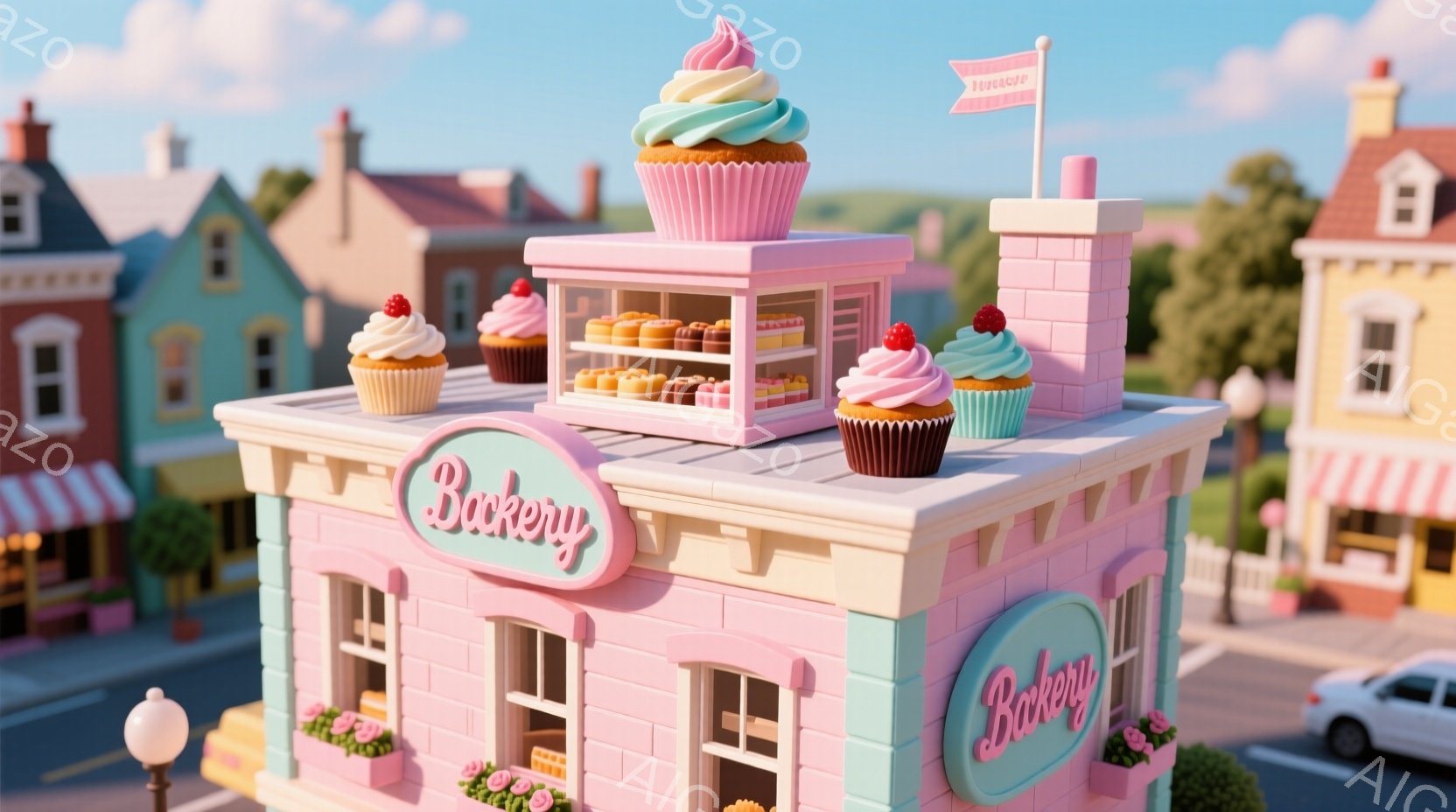 パステルカラーの可愛らしいベーカリーが描かれています。建物はピンク色を基調とし、大きなカップケーキ型の屋根とショーケースにはカラフルな焼き菓子が並んでいます。背景には同様の可愛らしい建物が並び、青空と白い雲が広がり、全体的に明るく、夢のような雰囲気が漂っています。
