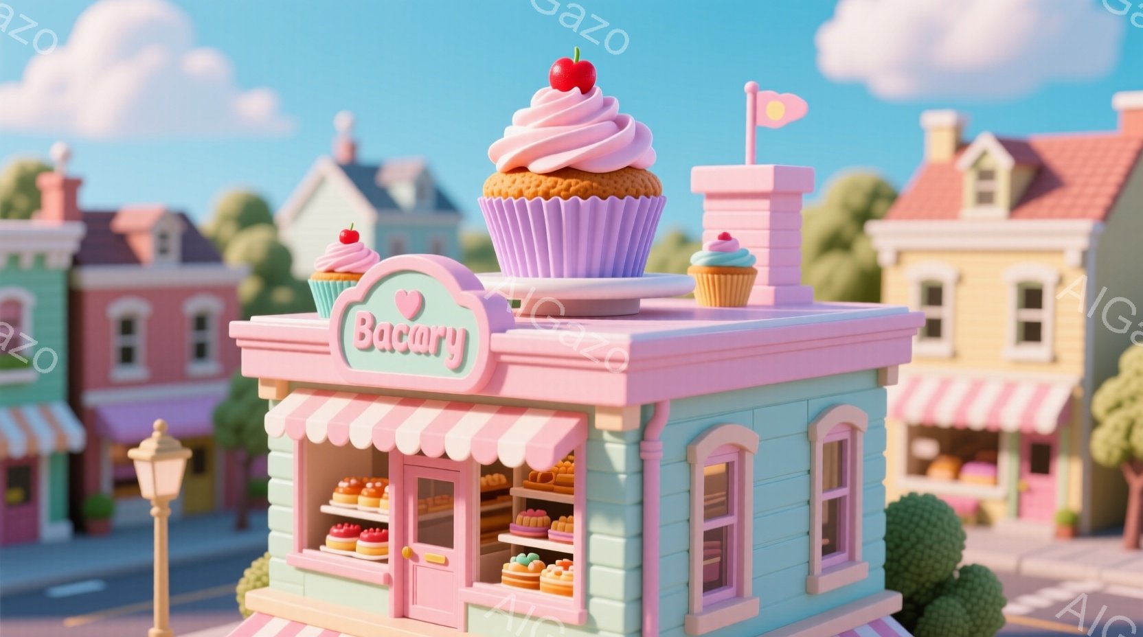 3Dアートで作られた場景です。中心にあるカフェは、ロマンティックな外見を持ちます。店名「Candy Boutique」という文字が表示されており、屋上にはピンクの壁と赤色の屋根が見られます。店前にはカフェのイメージを構成するスイーツが並べられています。背景には、青空、白雲、建物があり、淡々とした雰囲気が感じられます。この作品は極めて細かく仕上げられており、美的な要素に重点が置かれているようです。