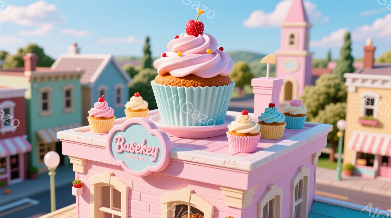 鮮やかなピンク色の建物屋上に、様々な色のクリームとチェリーが飾られた可愛らしいカップケーキが並べられています。背景には、パステルカラーの建物が並び、まるで絵本のような幻想的な街並みが広がっています。全 - AI生成フリー素材