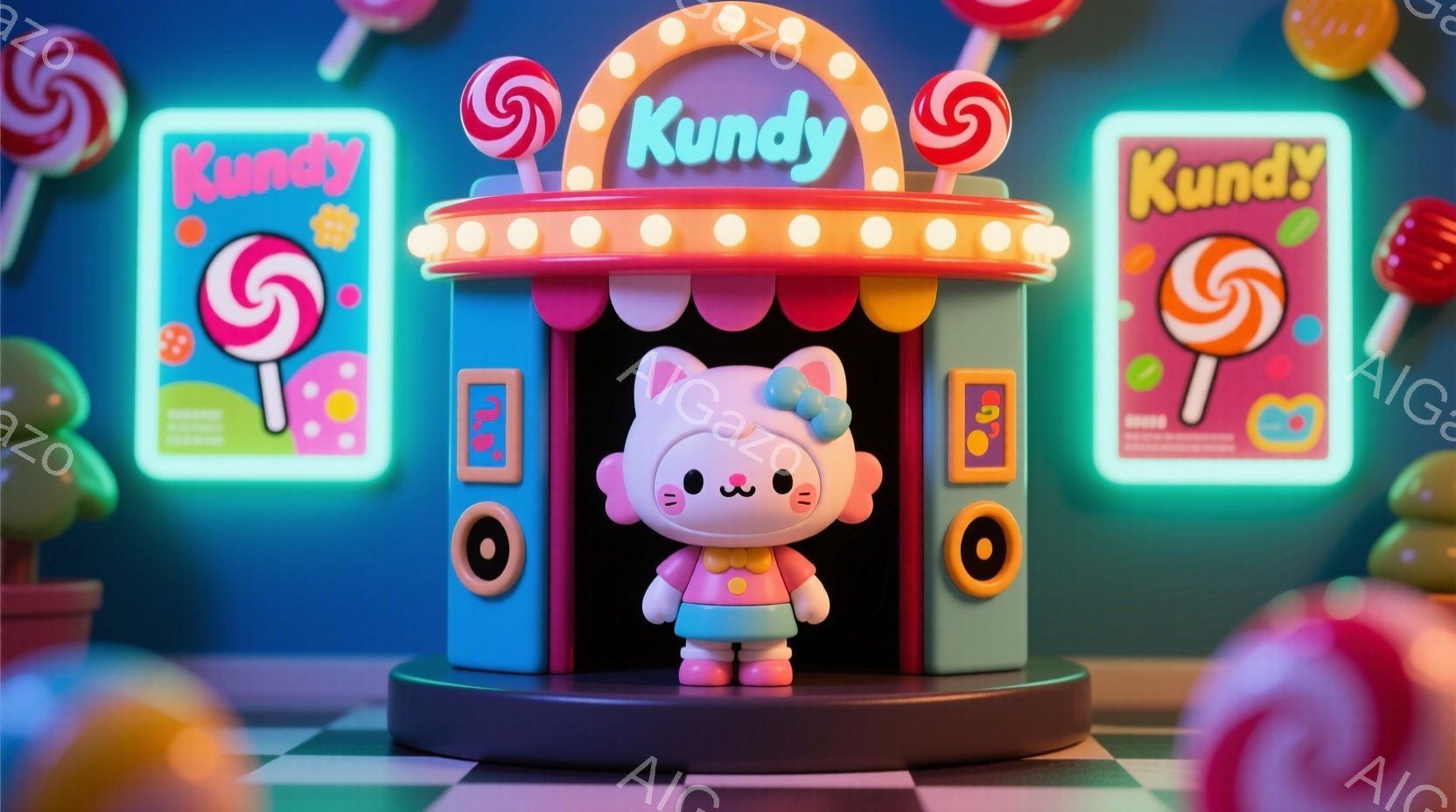 桃色の可愛らしい猫のキャラクターが、明るい青とピンクのキャンディショップの前で立っています。彼女はピンク色の水玉模様のスカートと白い靴を履き、頭には大きなリボンをつけています。背景には、渦巻き状のキャンディと、ネオンサインの「Kundy」が飾られた活気のある雰囲気のショップがあります。