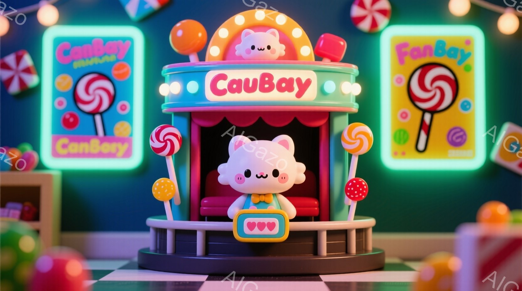 可愛らしいピンク色の猫が、キャンディーをテーマにしたお店のカウンターに立っている様子を描いています。猫は短い耳と、ハートのペンダントを身に着け、笑顔でこちらを見つめており、お店の看板には「CanBay」と書かれています。背景には、カラフルなキャンディーのイラストや装飾が散りばめられ、夢のような甘い雰囲気を醸し出しています。