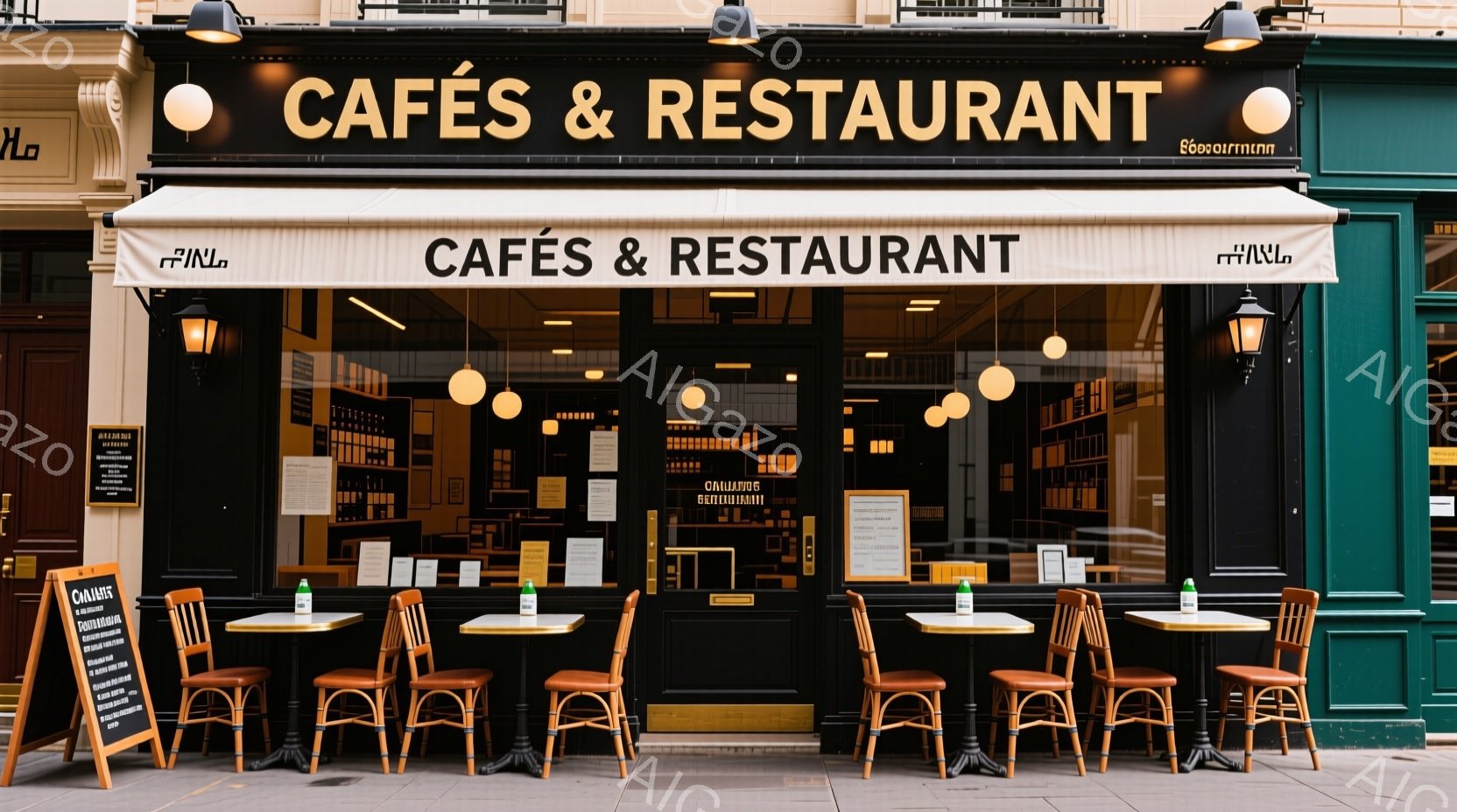 パリのカフェの正面玄関の写真です。緑色の建物に黒い装飾が施され、白い日よけの下に「CAFÉS & RESTAURANT」と書かれています。テーブルと椅子が整然と並べられており、窓からはカフェの内部が見 - AI生成フリー素材