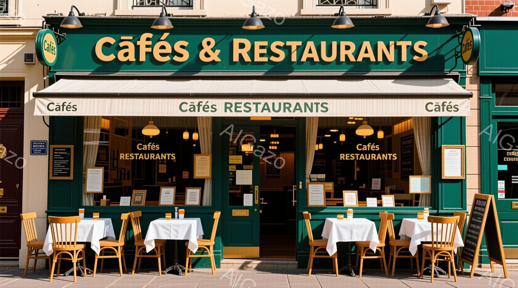 カフェとレストランの入り口の前面を捉えたもので、パリの通りを思わせる石畳の歩道にテーブルと椅子が並べられています。緑色の外観に白い装飾が施された建物は、レトロな雰囲気で、入り口にはメニューが飾られた黒 - AI生成フリー素材