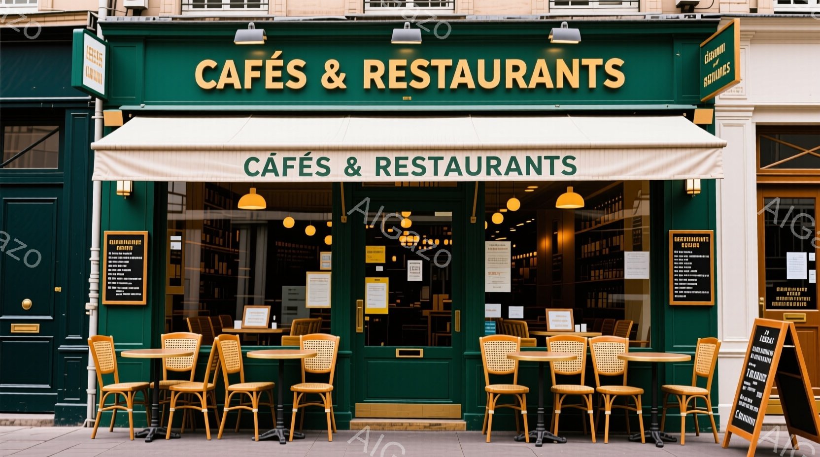 エメラルドグリーンの外観のカフェ兼レストランで、明るい木製の椅子とテーブルが整然と並べられています。店の窓にはメニューが掲示され、日差しが差し込む穏やかな雰囲気です。建物は歴史的な建築様式で、周辺の建物と調和し、落ち着いた街並みに溶け込んでいます。