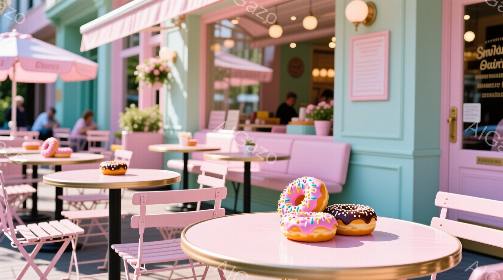 パステルグリーンの建物前にピンクのテーブルと椅子が並べられた、可愛らしいドーナツ店のテラス席です。テーブルには色とりどりのドーナツが置かれ、背景には緑豊かな木々が見えます。晴天の下、明るく軽やかな雰囲 - AI生成フリー素材