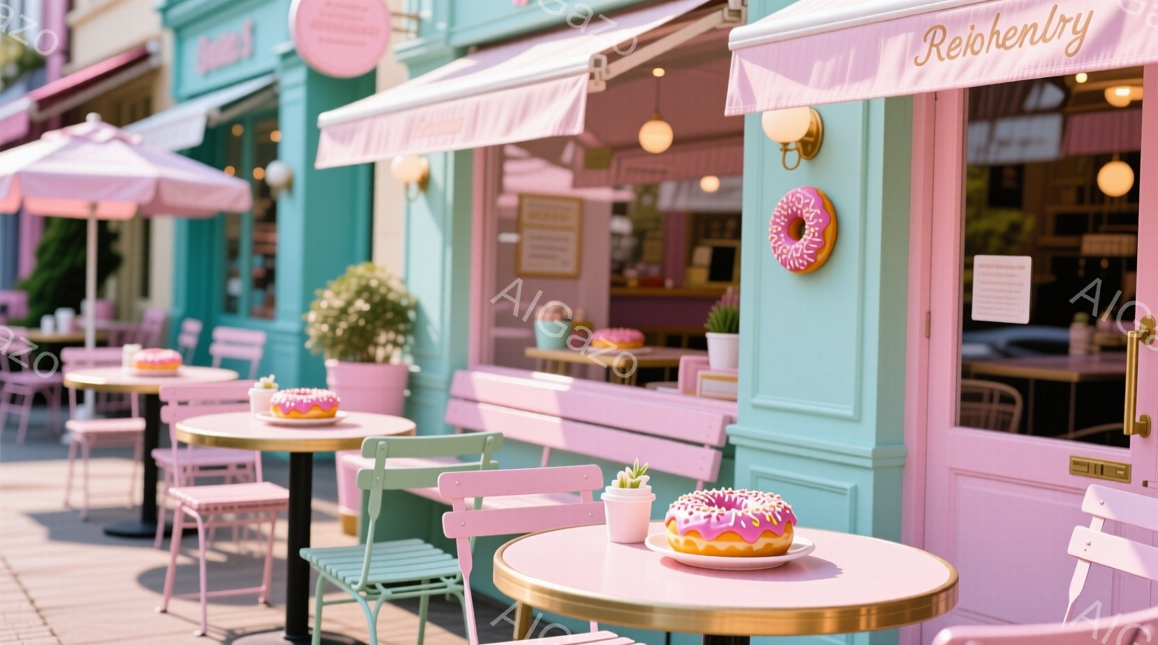 ピンクとターコイズブルーのカラフルなカフェの外観で、テーブルには大きなピンク色のフロスティングとスプリンクルのかかったドーナツが置かれている。テーブルと椅子はパステルピンクとターコイズブルーで統一され、カフェのファサードも同様の色調で、可愛らしい雰囲気を醸し出している。晴れた日の穏やかな光の中で、まるで絵本のような甘くて夢のような空間が表現されている。