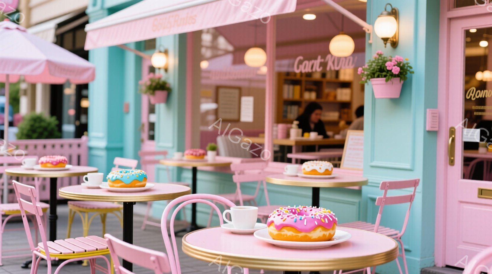 明るいピンクと水色の外観が印象的なカフェのテラス席が写っています。テーブルには色とりどりのアイシングが施されたドーナツと、白いカップが置かれ、可愛らしい雰囲気を醸し出しています。背景には、可愛らしい装 - AI生成フリー素材