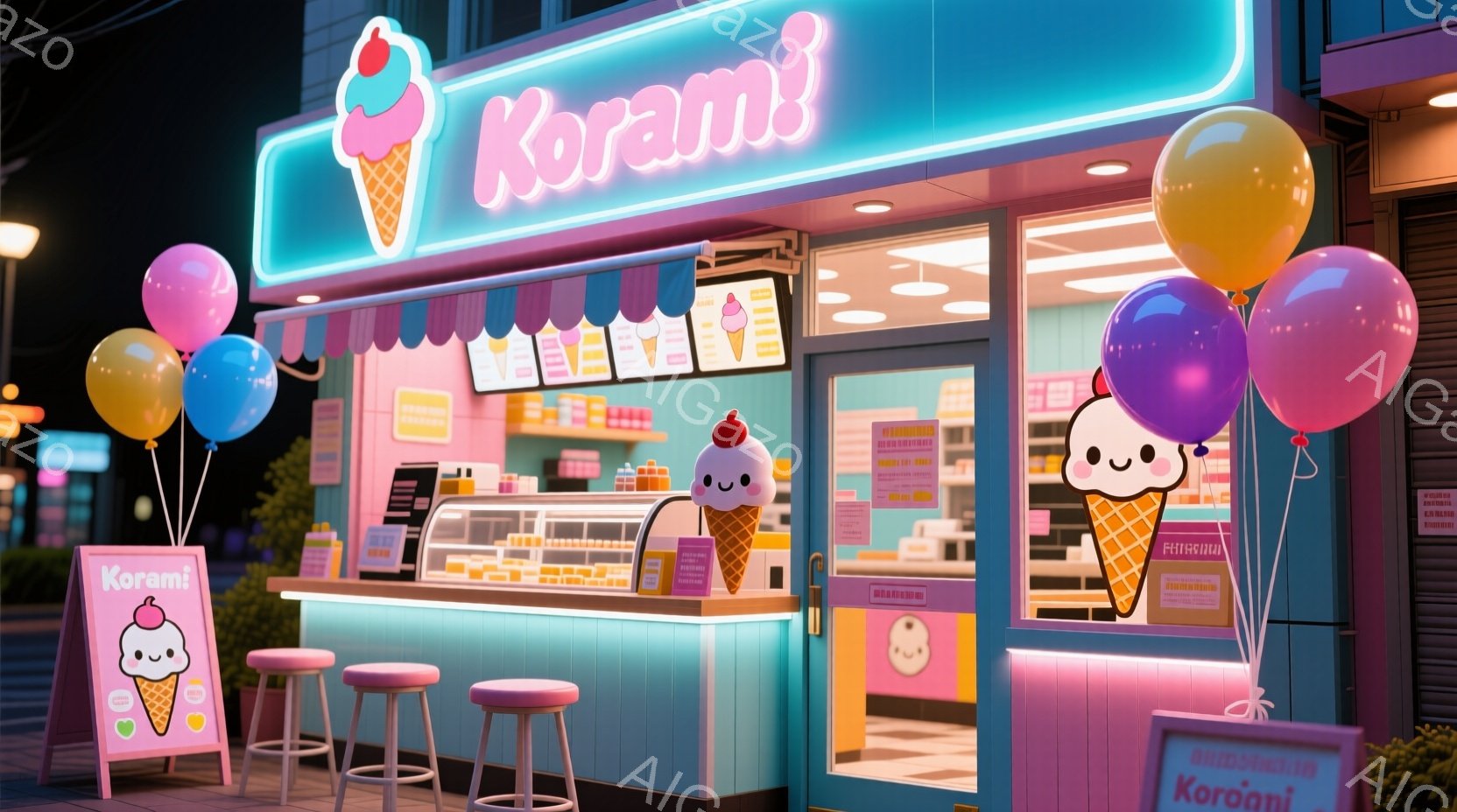 カラフルなアイスクリーム店が夜に照らされています。ピンクと水色のストライプのテントと、可愛らしい笑顔のアイスクリームキャラクターの装飾が特徴です。店はバルーンで飾られ、内部にはアイスクリームが並んだショーケースと数脚の白いスツールが見えます。