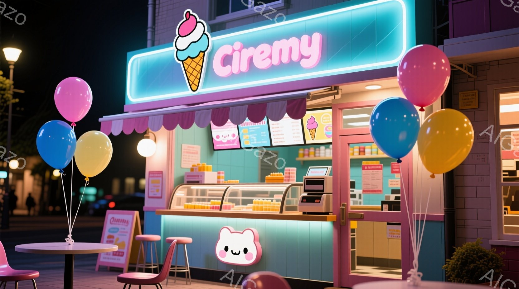 夜の街並みに、可愛らしいアイスクリームショップ「Ciremy」が佇んでいます。淡いピンクと水色のストライプの屋根と、笑顔のクリームキャラクターが描かれた店構えが目を引きます。背景には高層ビルや街路樹が - AI生成フリー素材