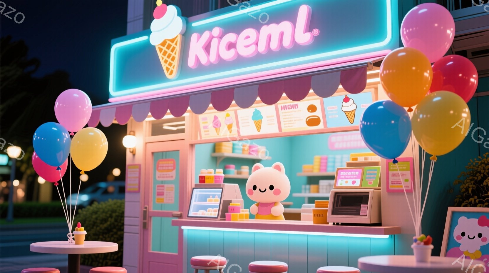 鮮やかなピンクと水色のストライプが特徴的なアイスクリーム屋台が描かれています。可愛らしいクマのキャラクターが店員として立っており、ショーケースには様々な種類のアイスクリームが並んでいます。背景には薄暗 - AI生成フリー素材