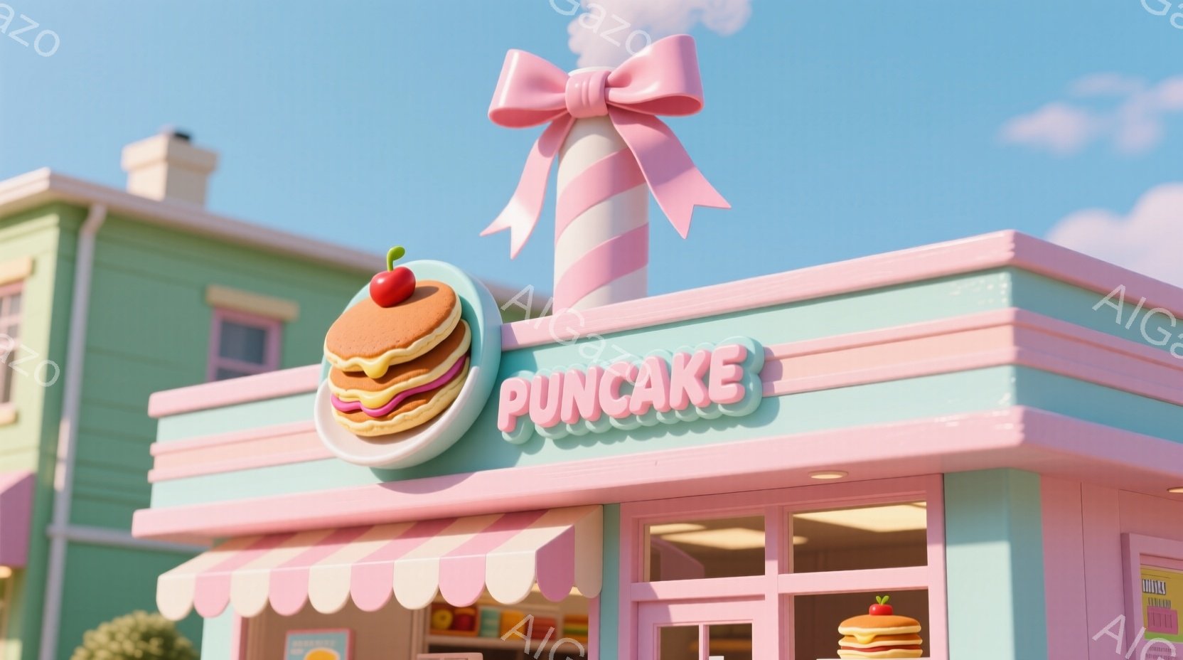 薄いピンクと水色の建物が、可愛らしいパンケーキ店を表している。屋根には大きなリボンとパンケーキのイラストが飾られ、店の看板には「Pancake」の文字が書かれている。背景には他のパステルカラーの建物が見え、晴れた空と穏やかな雰囲気が漂っている。