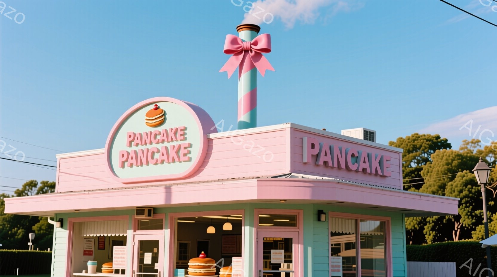 明るいピンク色のパンケーキ専門店が写っています。建物は可愛らしいデザインで、屋根には大きなリボンとパンケーキのイラストが飾られています。背景には緑豊かな木々が見え、晴天の下で温かい雰囲気が漂っています。