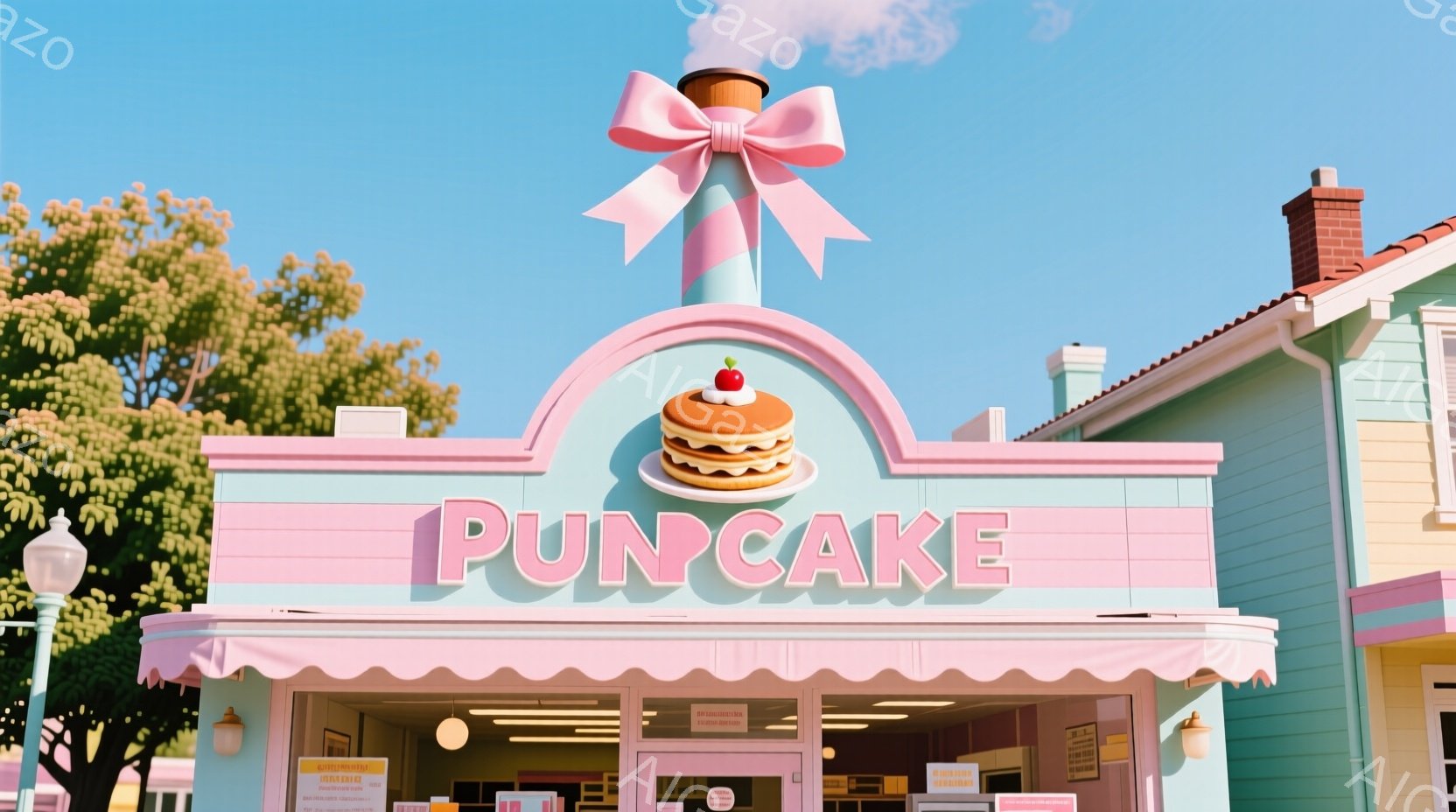明るい青空の下、ピンクとターコイズ色の可愛らしいパンケーキ屋が描かれています。店先には「Pancake」と書かれた看板があり、その上には大きなリボンとイチゴが乗ったパンケーキのイラストが飾られています。背景にはパステルカラーの建物が見え、可愛らしく遊び心のある雰囲気が漂っています。
