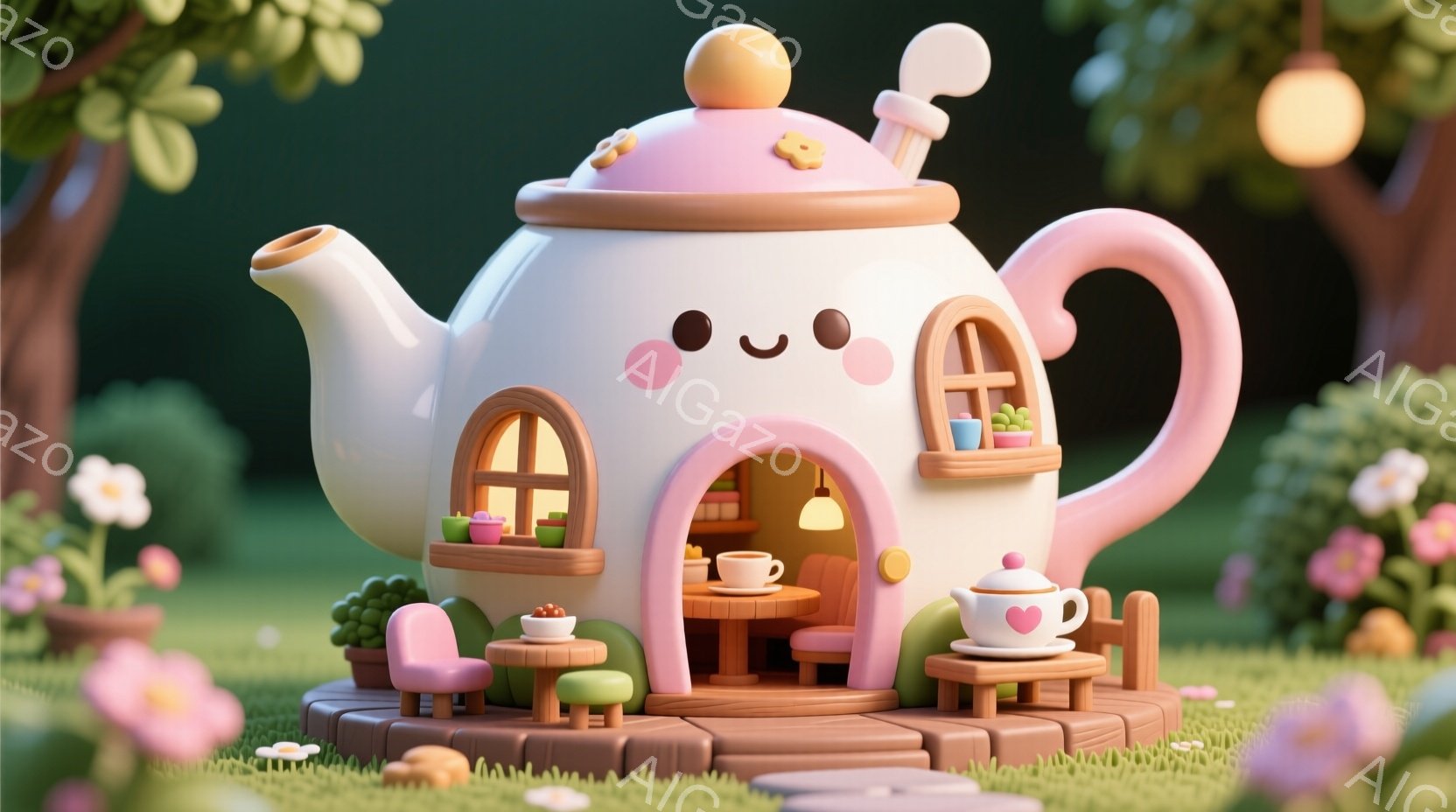 ティーポットを模した可愛らしい家が描かれています。家の正面には、小さなテーブルと椅子が置かれ、ティーカップが微笑んでいます。背景には緑豊かな草地と木々があり、暖かく穏やかな雰囲気を醸し出しています。