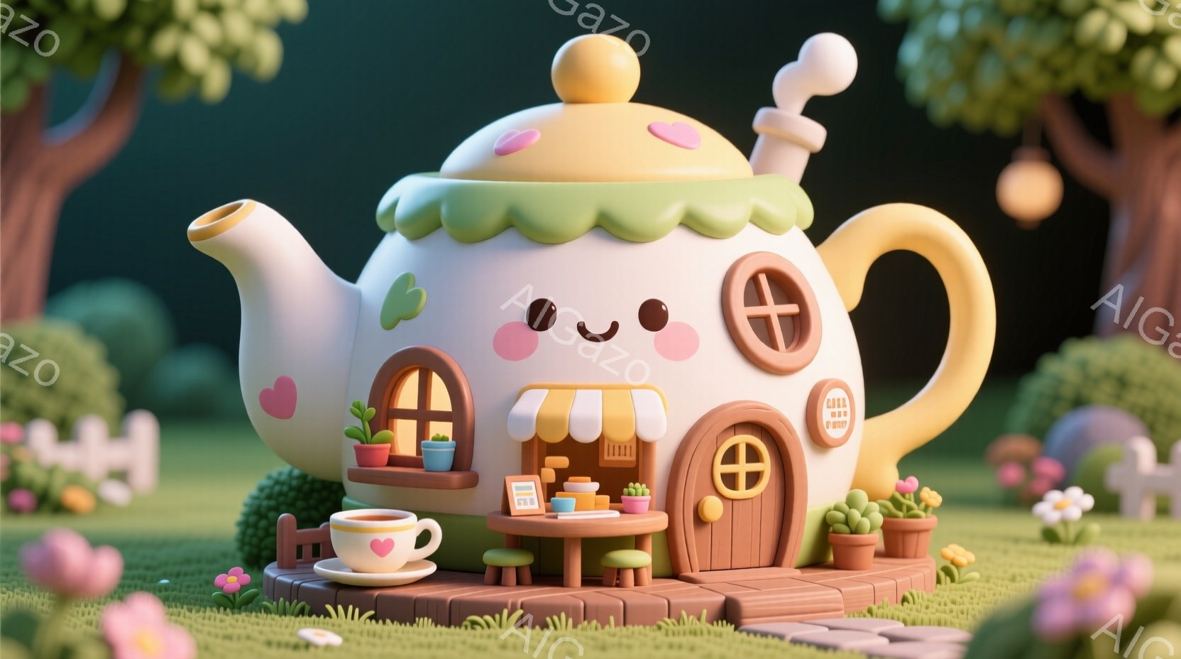 ティーポットを模した可愛らしい家が、緑豊かな草原に建っています。正面には小さなテーブルと椅子が置かれ、カフェのような雰囲気を醸し出しています。背景にはぼんやりとした木々が見え、全体的に暖かく、夢のよう - AI生成フリー素材