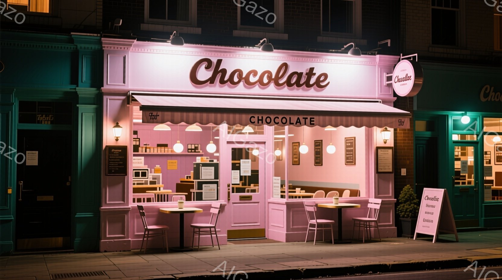 ピンク色の可愛らしいチョコレート専門店が夜の街並みに佇んでいます。店先には数脚のテーブルと椅子が並べられ、暖色の光が灯り、心地よい雰囲気を醸し出しています。夜空の下、建物は落ち着いた色調で、静かで魅力 - AI生成フリー素材