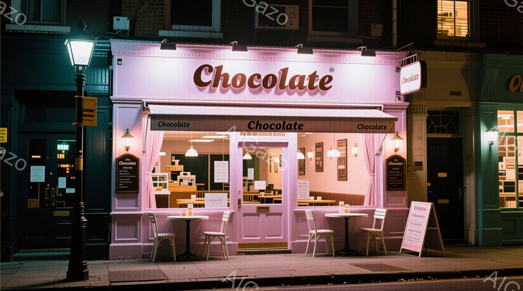 薄暗い夜の街並みに、ピンク色にライトアップされた「Chocolate」という名前のカフェが目に入ります。カフェの前には白いテーブルと椅子が数脚並び、看板にはメニューが書かれています。建物は可愛らしいデザインで、全体的に温かく、甘い雰囲気が漂っています。