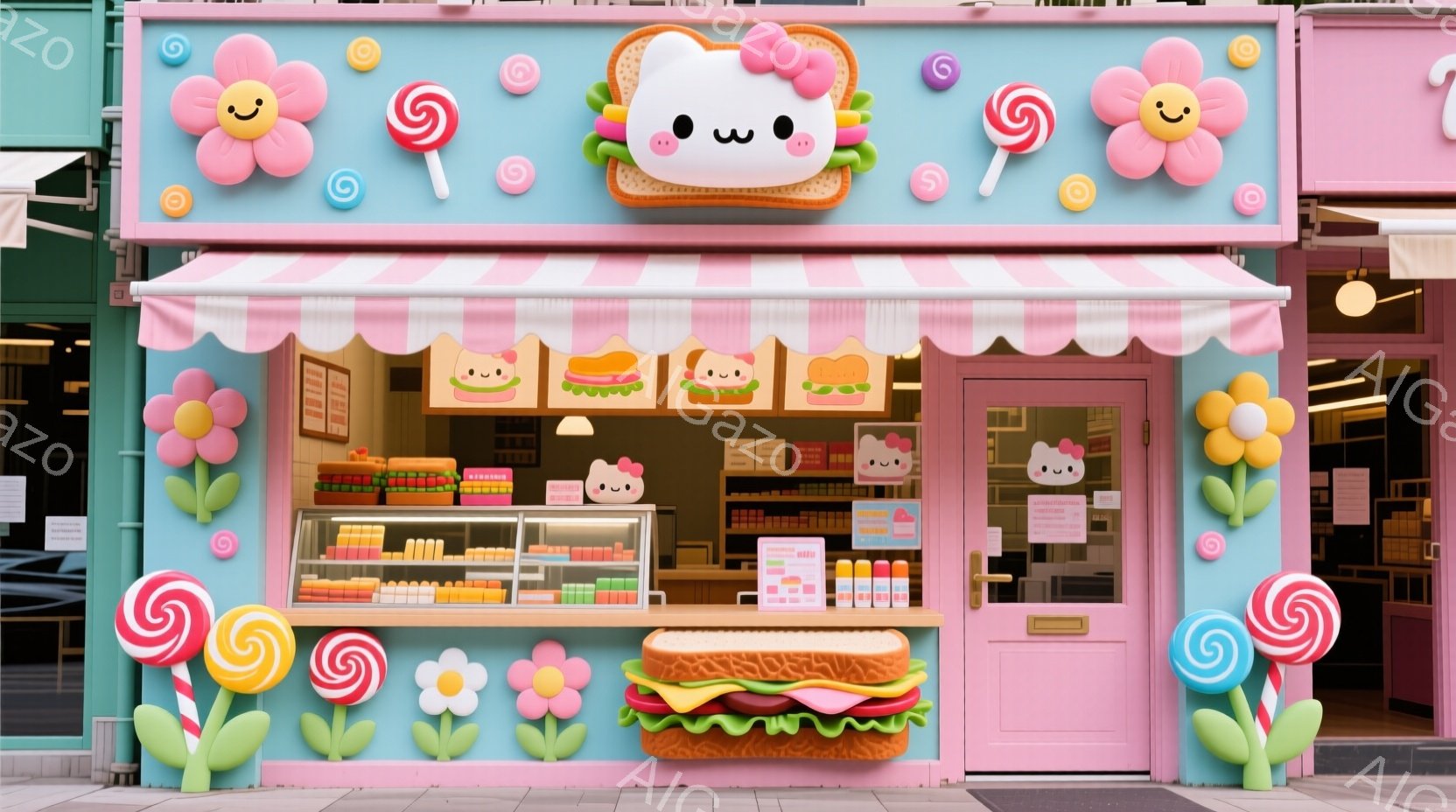 ピンク色の可愛いサンドイッチ屋が描かれています。入り口の上には大きなサンドイッチのオブジェがあり、周りにはキャンディや花が飾られています。ショーケースには色とりどりのサンドイッチが並び、全体的に明るく、甘くて楽しい雰囲気が漂っています。