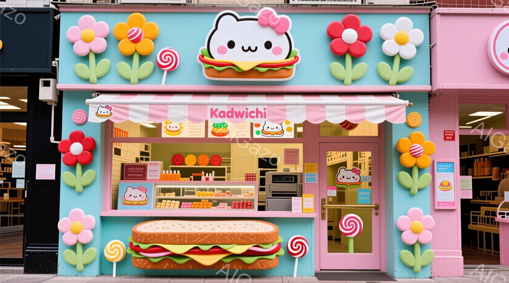 明るいピンク色のハンバーガーショップが写っており、可愛らしいカートゥーンのハンバーガーが店先に飾られています。大きな花とキャンディの飾り付けが可愛らしさを強調し、全体的にポップで楽しい雰囲気が漂います。背景には建物が見え、店は賑やかな通りに面しているようです。