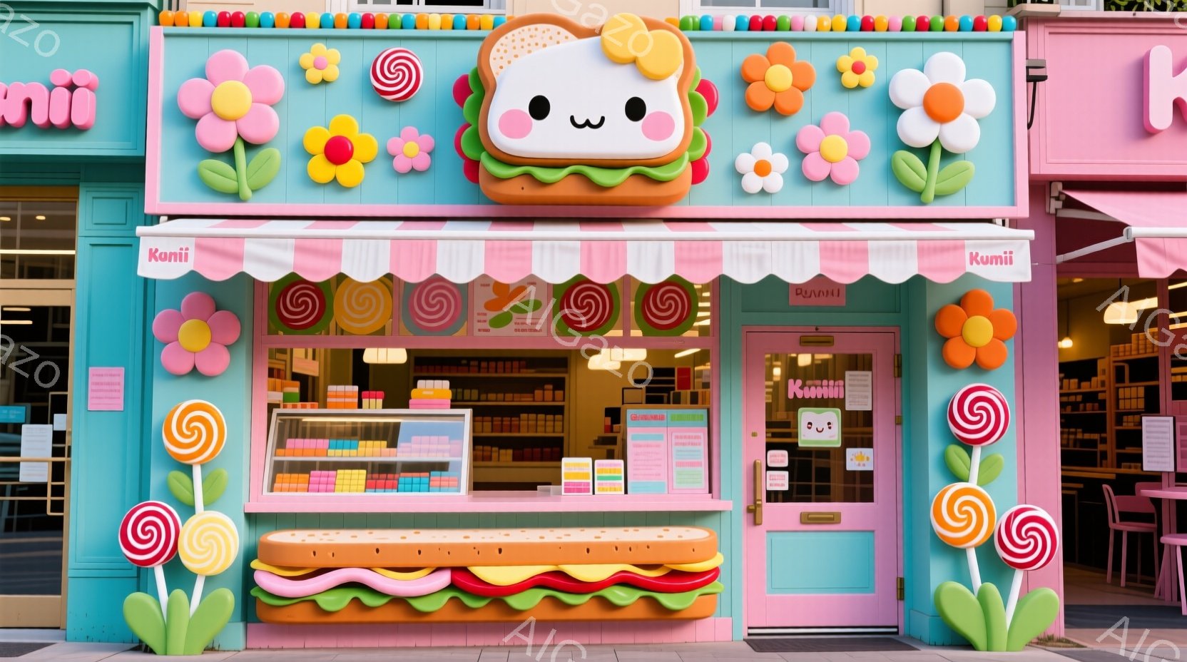 明るいピンク色の店が特徴的で、看板には「Kunii」と書かれています。店の上には大きなハンバーガーの模型があり、入り口の左右にはカラフルなキャンディと花が飾られています。全体的に可愛らしく、お菓子屋のような楽しい雰囲気が漂っています。