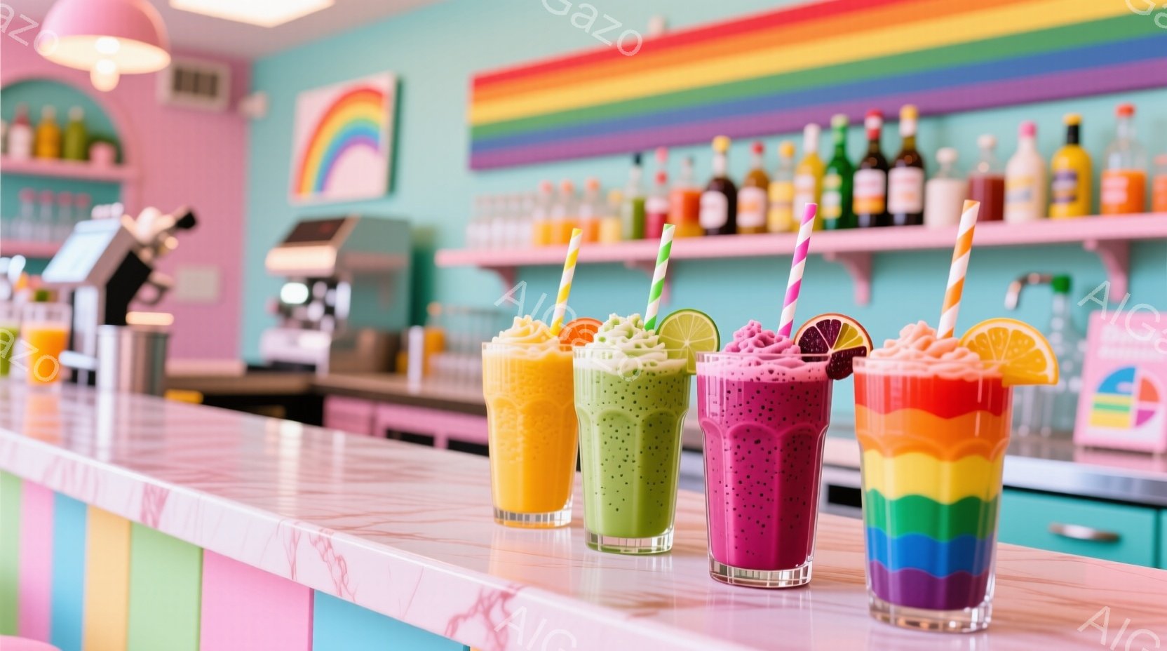 カラフルなスムージーが4つ、白いカウンターの上に並んでおり、それぞれ異なる色とフルーツで飾られています。背景には、カラフルなボトルが並んだ棚と、パステルカラーの壁があり、明るく陽気な雰囲気です。全体的に、ポップで楽しいアイスクリームショップやカフェのような空間が表現されています。