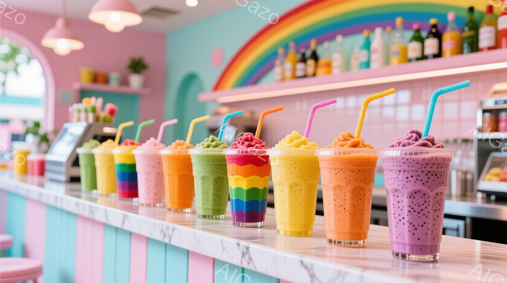 カラフルなスムージーがカウンターに並んでいます。各スムージーは異なる色合いで、ストローが挿さっています。背景にはパステルカラーの壁と、虹の模様があり、明るく楽しい雰囲気を醸し出しています。