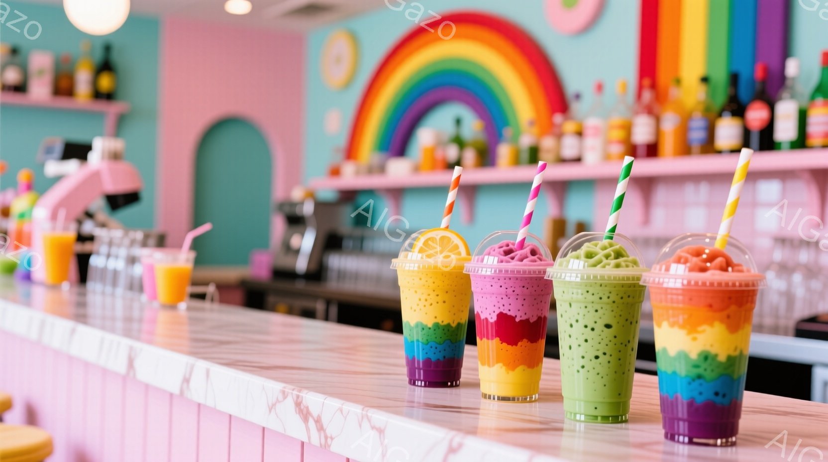 カウンター上に、虹色に層になったカラフルなスムージーが並べられています。背景には、ピンク色の壁と虹のイラストがあり、明るく陽気な雰囲気です。スムージーにはそれぞれ異なるトッピングが施され、カウンターのマーブル模様が高級感を添えています。