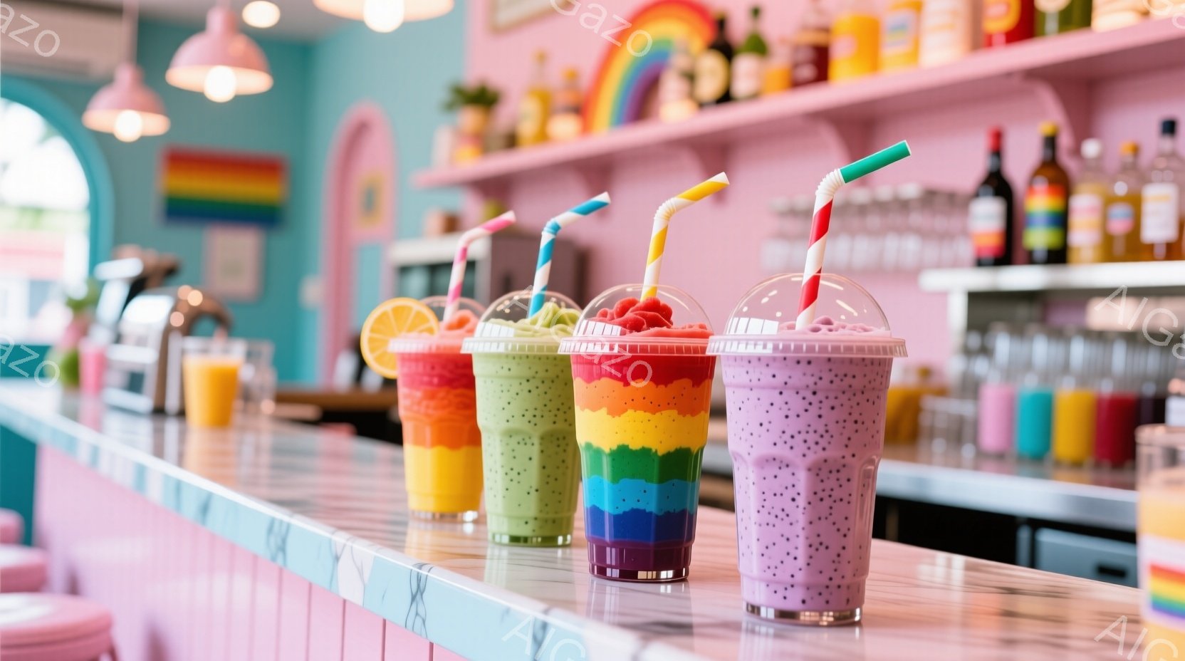 カウンターの上に、オレンジ、緑、虹色、紫色のスムージーが並べられています。背景にはカラフルな瓶が並んだ棚と、パステルカラーの壁があり、全体的に明るく楽しい雰囲気です。スムージーにはフルーツやカラフルな - AI生成フリー素材
