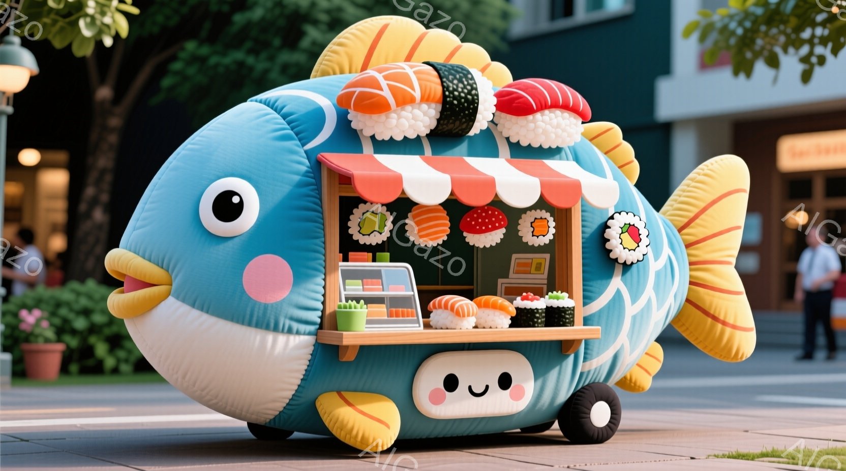 巨大な鯛の形をした移動販売車が描かれている。鯛の背中には様々な寿司ネタが飾られ、車体中央には寿司が並んだショーケースと調理スペースが見える。背景には緑豊かな植生と建物があり、晴れた日の賑やかな通りを思わせる、遊び心に満ちた雰囲気である。