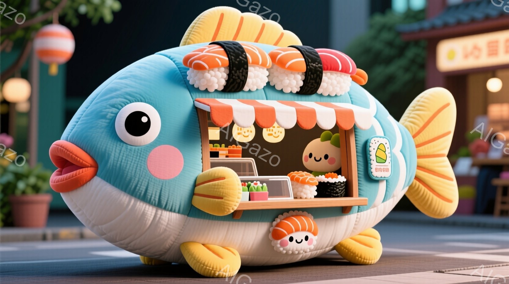 大きなアジの形をした移動販売店が描かれています。アジの体が店舗になっており、可愛らしい表情の店員が中に立って寿司を準備しています。背景には、ぼやけた街並みと植物が見え、全体的に明るく、遊び心のある雰囲気です。
