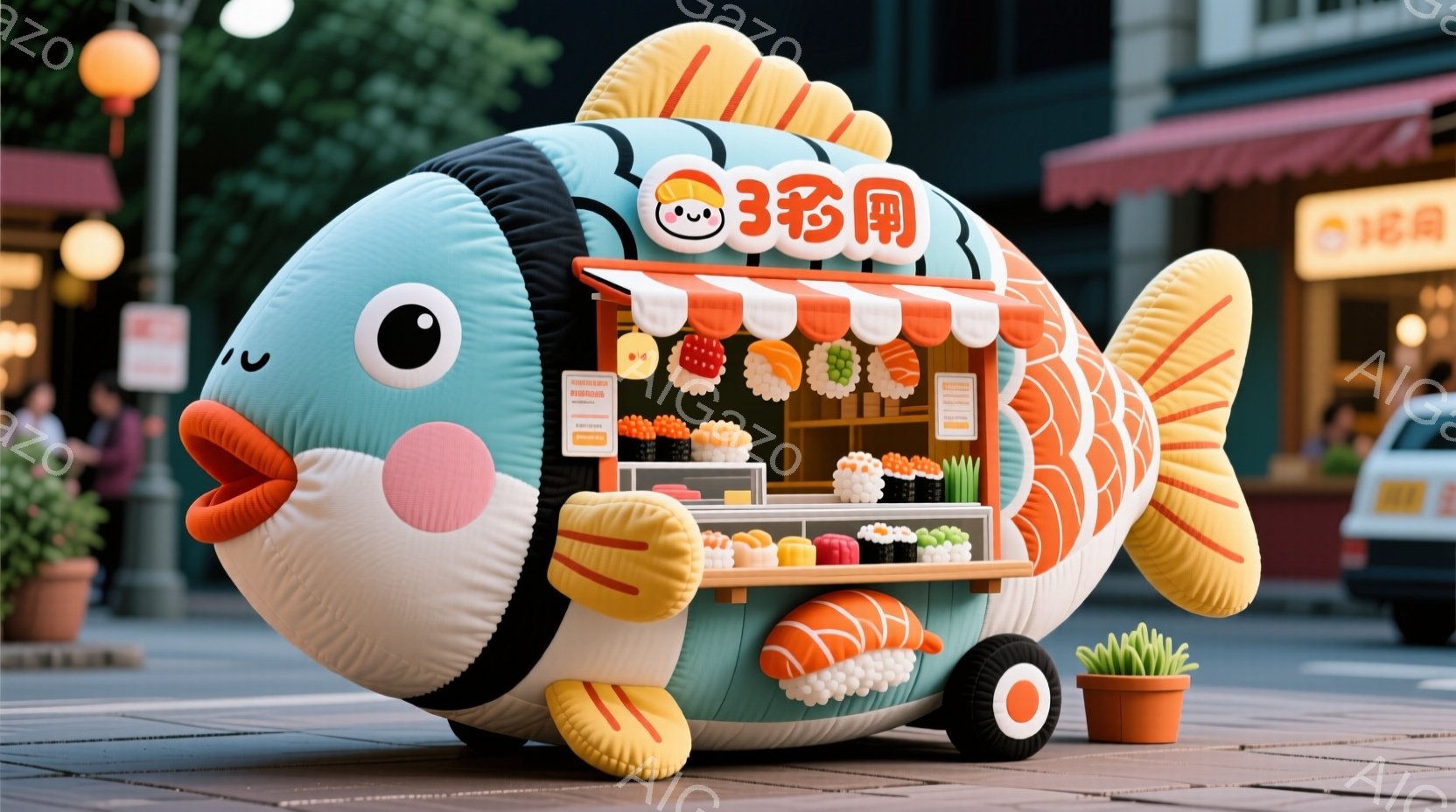 巨大なマグロの形をした移動販売車が描かれています。車体は明るい緑色とピンク色で、寿司のイラストが飾られています。背景には建物や植物が見え、晴れた日の賑やかな街並みが広がっています。