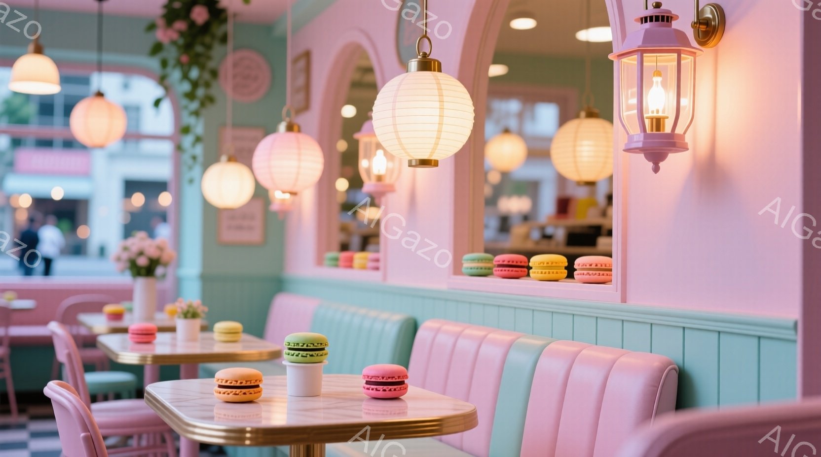 鮮やかなピンクとミントグリーンの内装が印象的なカフェの様子で、テーブルにはカラフルなマカロンが飾られています。テーブルと椅子はレトロなデザインで、天井からは可愛らしいランタンが吊り下げられ、壁には美し - AI生成フリー素材