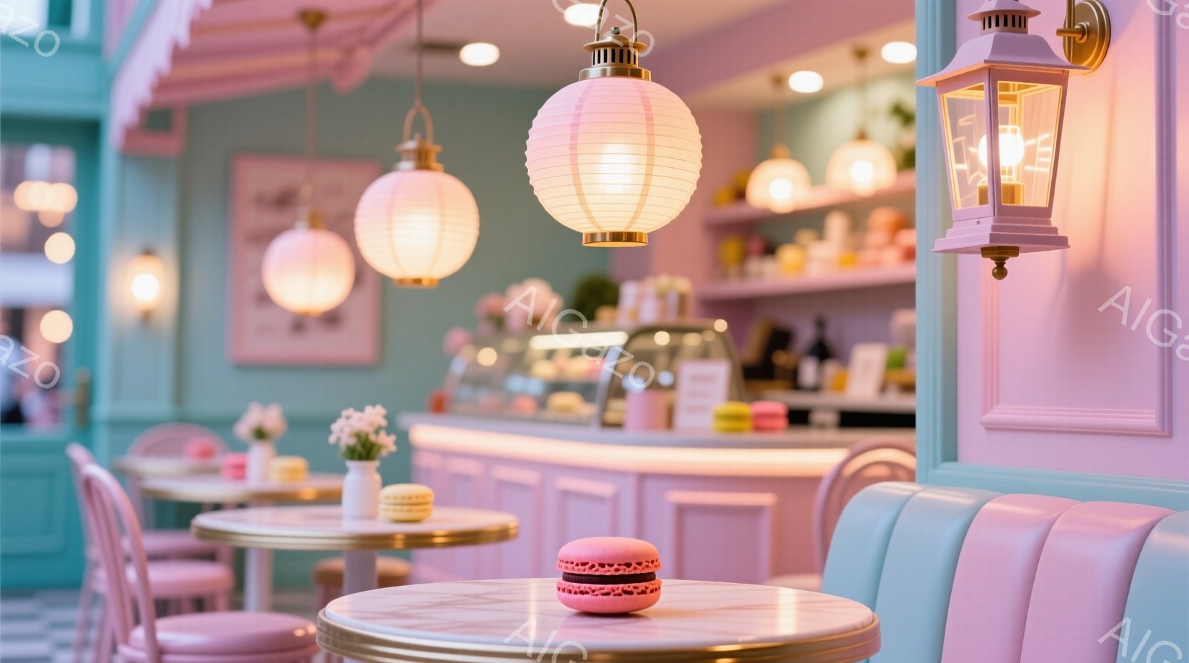 パステルカラーを基調とした、可愛らしいマカロン専門店です。テーブルには、ピンク色のマカロンが飾られており、壁は水色、天井は薄いピンク色で統一されています。店内の照明は柔らかく、温かい雰囲気で、まるでフランスのパティスリーのような上品さを感じさせます。