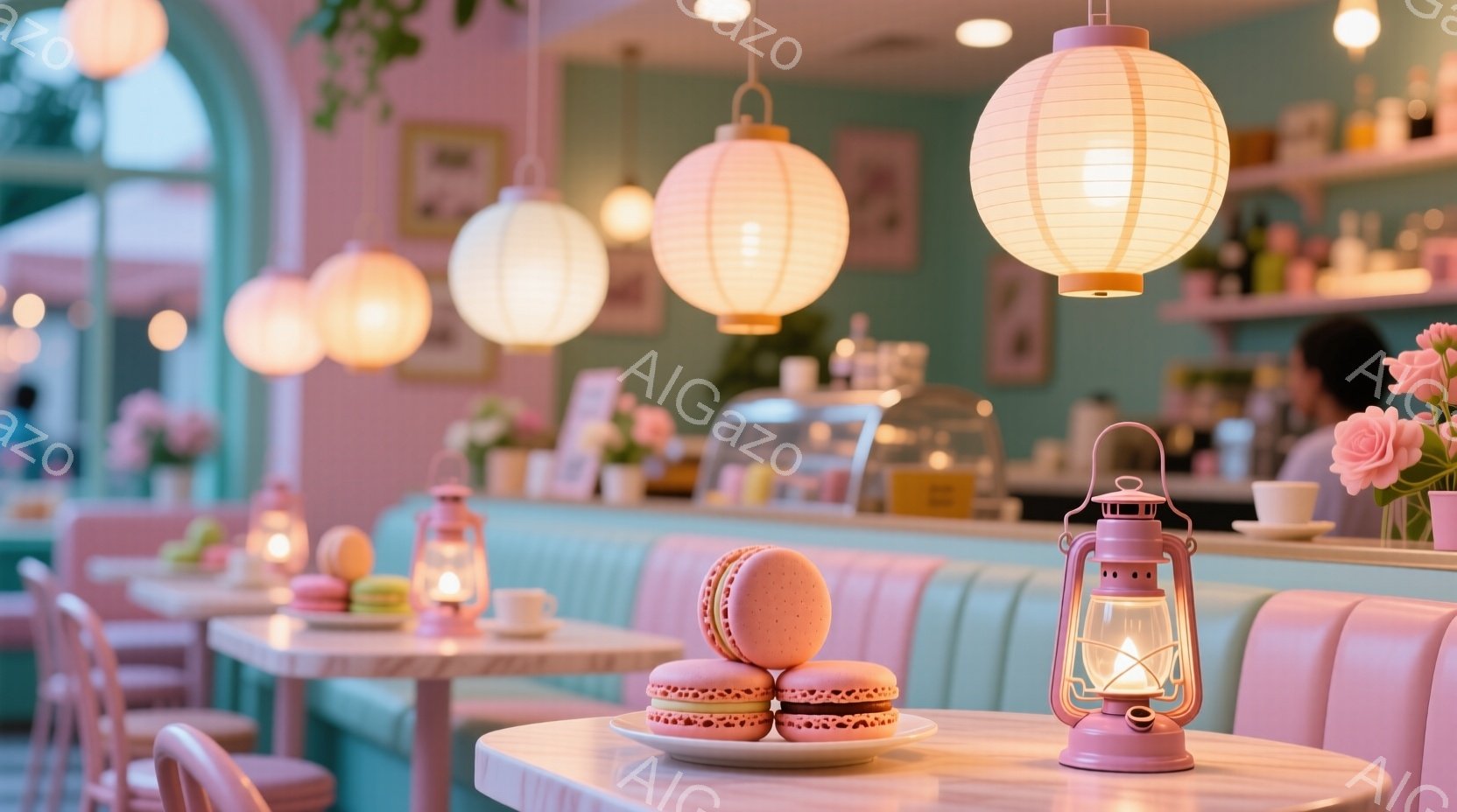 パステルピンクとターコイズブルーを基調とした、可愛らしいカフェの内部です。テーブルの上にはマカロンの山と、レトロな赤いランタンが置かれ、薄暗い光が暖かく照らしています。背景には、窓から差し込む光と、可 - AI生成フリー素材