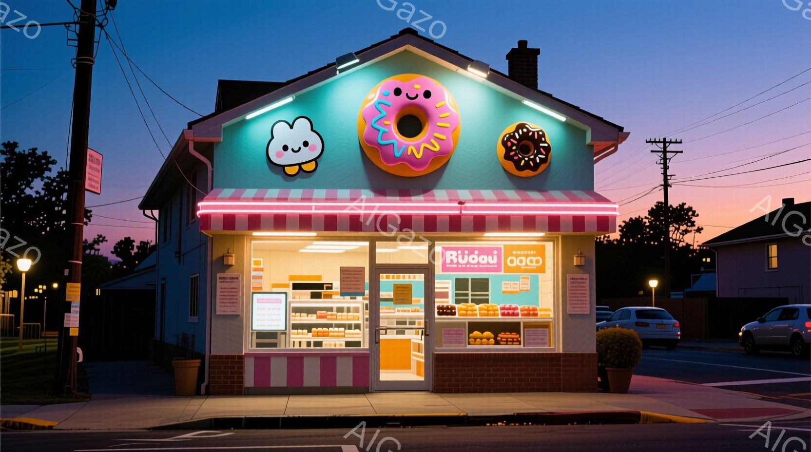 明るい水色のドーナツ屋が、夕暮れ時の住宅街に佇んでいます。店先には様々な種類のドーナツが並び、可愛らしいドーナツのキャラクターが看板を飾っています。空はオレンジと紫のグラデーションで、暖かく、親しみや - AI生成フリー素材
