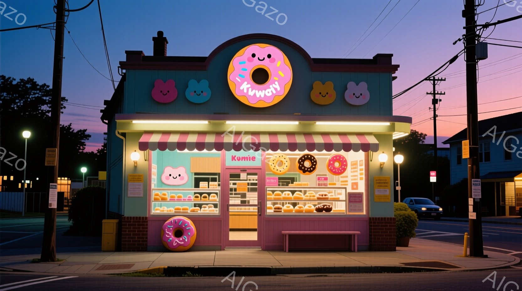 明るいピンクと水色のドーナツ屋が描かれており、可愛らしい表情のドーナツのキャラクターが看板や入り口を飾っています。背景には夕焼け空が広がり、穏やかで甘い雰囲気を醸し出しています。道路脇には街灯や植木が配置され、住宅街の一角に位置する、親しみやすいお店の様子が伺えます。