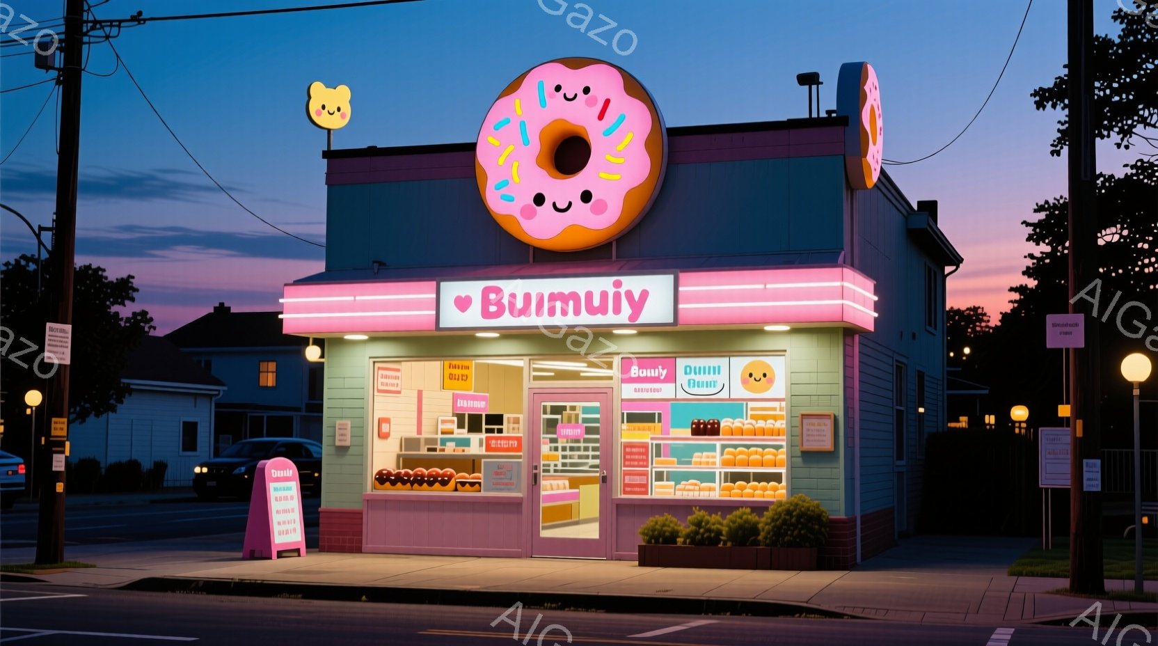 明るいピンク色のネオンサインが輝くドーナツ店の外観です。建物はパステルグリーンの壁に、大きなドーナツのイラストが描かれ、可愛らしい雰囲気を醸し出しています。夕暮れ時の空の下、道路沿いに店が立ち並び、周辺は住宅街の落ち着いた様子が伺えます。