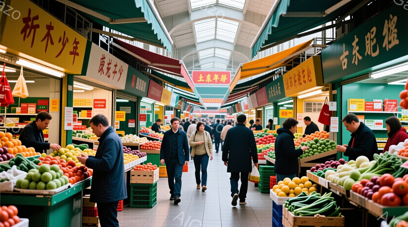 市場の通路は、様々な色の新鮮な果物や野菜で賑わっている。多くの人々が買い物をしており、冬のコートやジャケットを着て歩いている。背景には、カラフルな看板が並び、活気ある市場の雰囲気を醸し出している。