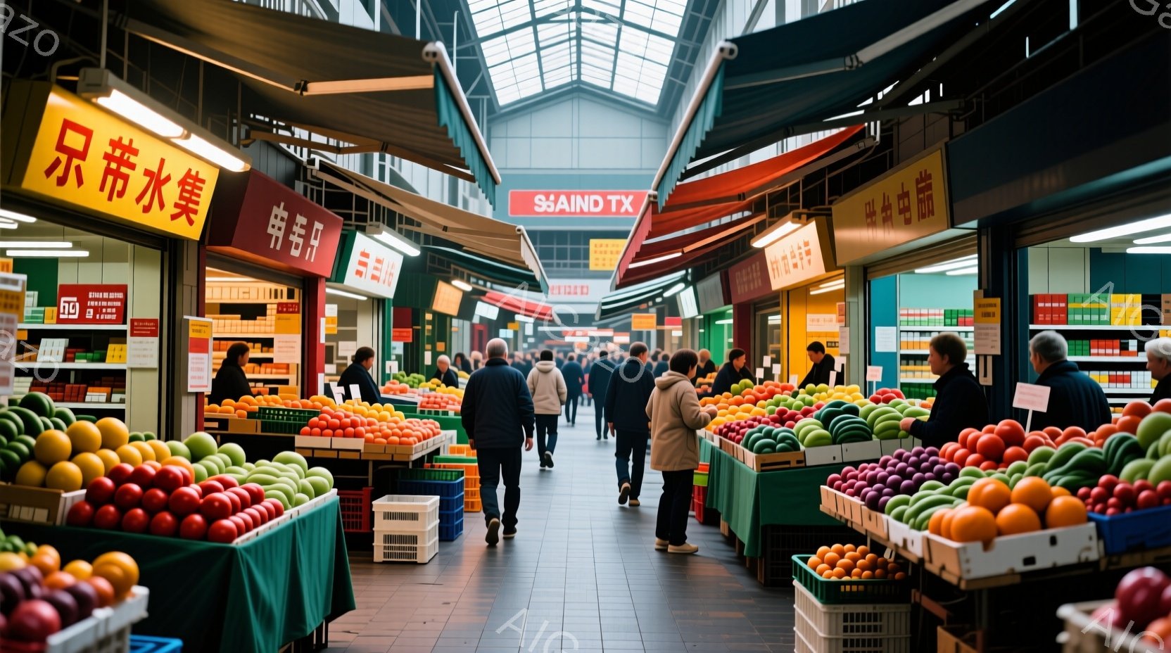 市場の通路は、様々な色の新鮮な果物や野菜で賑わっている。人々はカジュアルな服装で歩き回り、買い物や見物を楽しんでいるようで、穏やかで活気のある雰囲気が漂う。天井が高く、明るい光が差し込み、市場全体が開放的で魅力的な空間となっている。