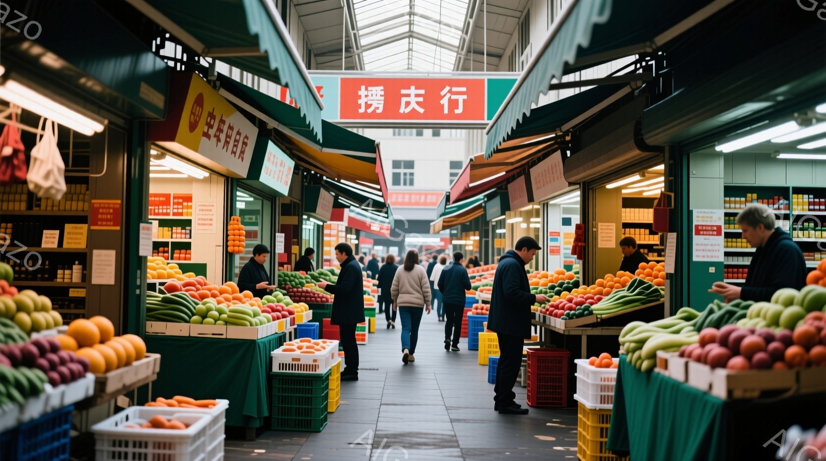 市場の通路は、色とりどりの野菜や果物で溢れており、活気のある雰囲気が漂っている。多くの人々が黒いコートを着て歩き回り、何人かは商品を吟味している様子が見て取れる。天井は高く、自然光が差し込み、市場全体 - AI生成フリー素材
