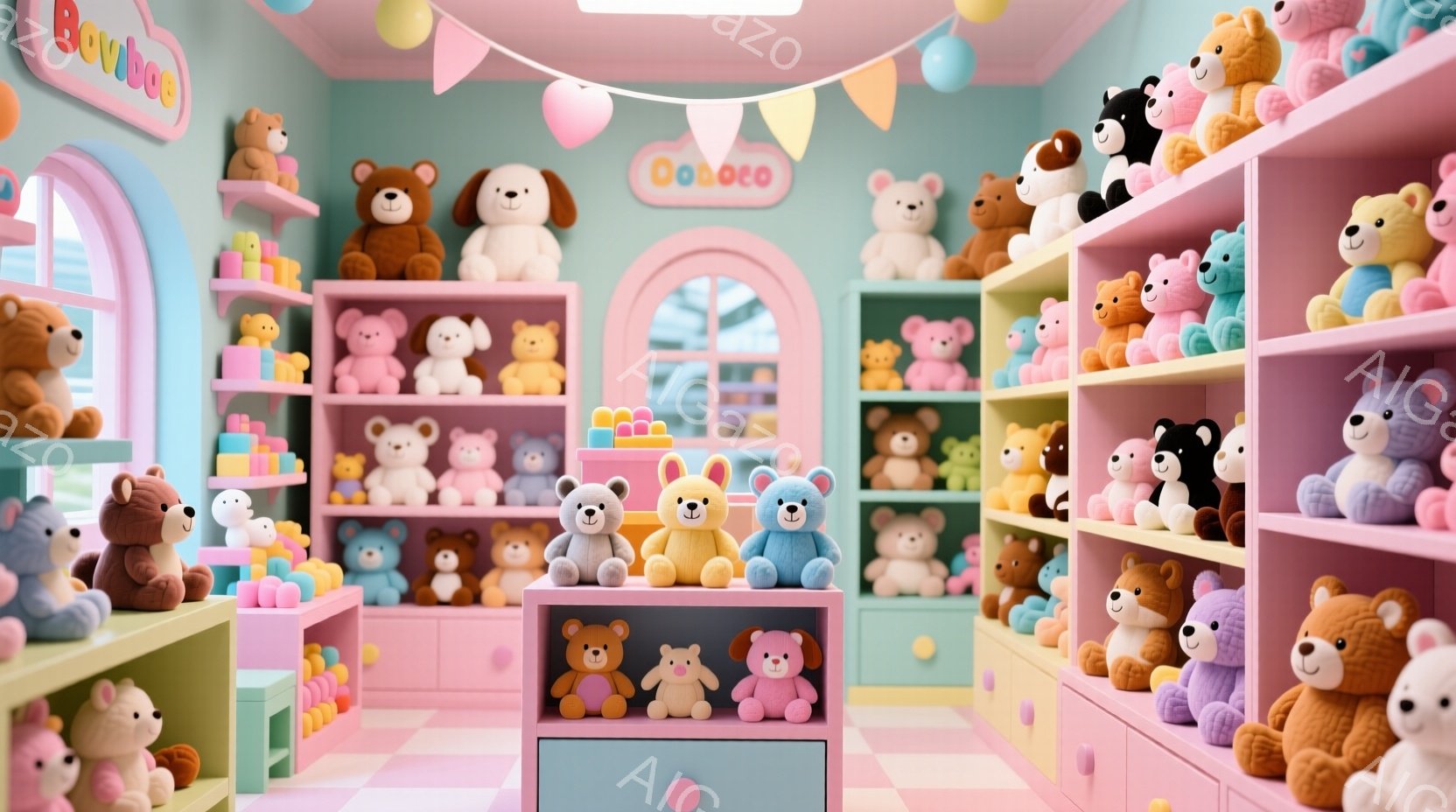 店内はパステルカラーで統一され、多くのテディベアが棚に並べられています。ベアたちは様々な色とポーズで、可愛らしい表情を浮かべており、まるでテディベア専門店のような雰囲気です。背景には窓があり、店内に柔らかい光が差し込み、暖かく優しい空間を作り出しています。