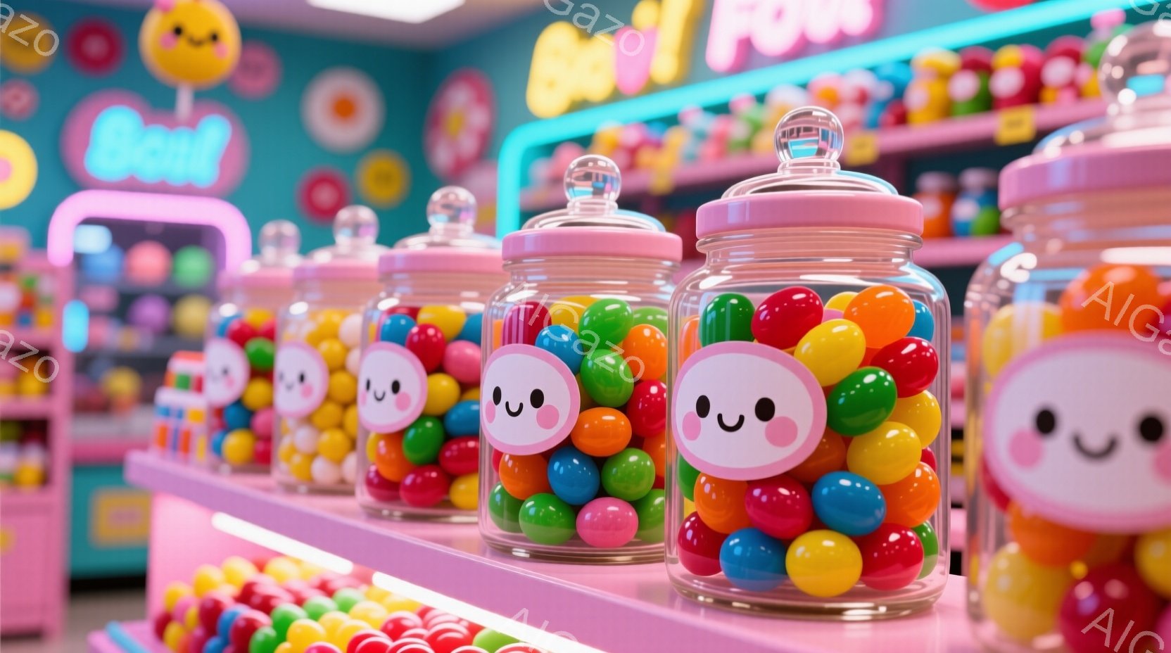 ピンク色の棚に、カラフルなキャンディーが入ったガラスの瓶が並べられています。瓶には可愛らしい顔が描かれており、明るく楽しい雰囲気を醸し出しています。背景には、さらに多くの瓶やピンク色の装飾が見え、お菓 - AI生成フリー素材