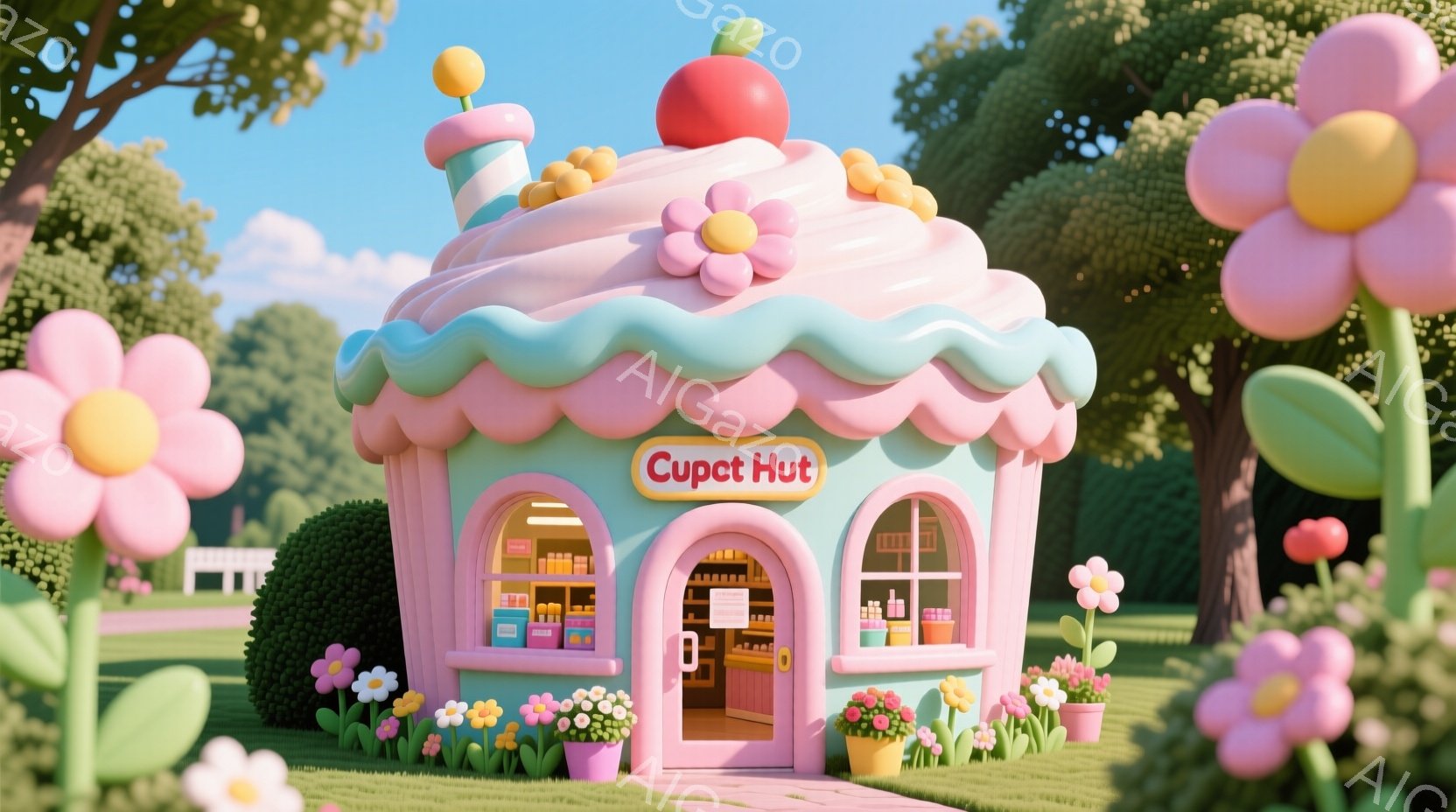キャンディーのようなパステルカラーの建物が描かれています。建物はまるで巨大なカップケーキのようで、屋根には大きな赤いチェリーが乗っています。周りには緑の芝生とカラフルな花が咲き、背景には緑の茂みが並び - AI生成フリー素材