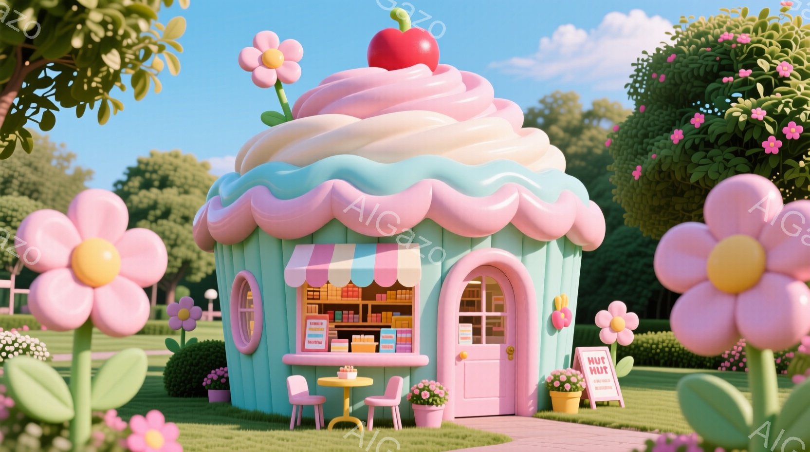 明るい緑の芝生の上に、ピンク色の可愛らしい店が建っています。店は巨大なカップケーキを模したデザインで、屋根はクリーム、側面はピンクのアイシングで覆われ、一番上には赤いチェリーが飾られています。背景には - AI生成フリー素材