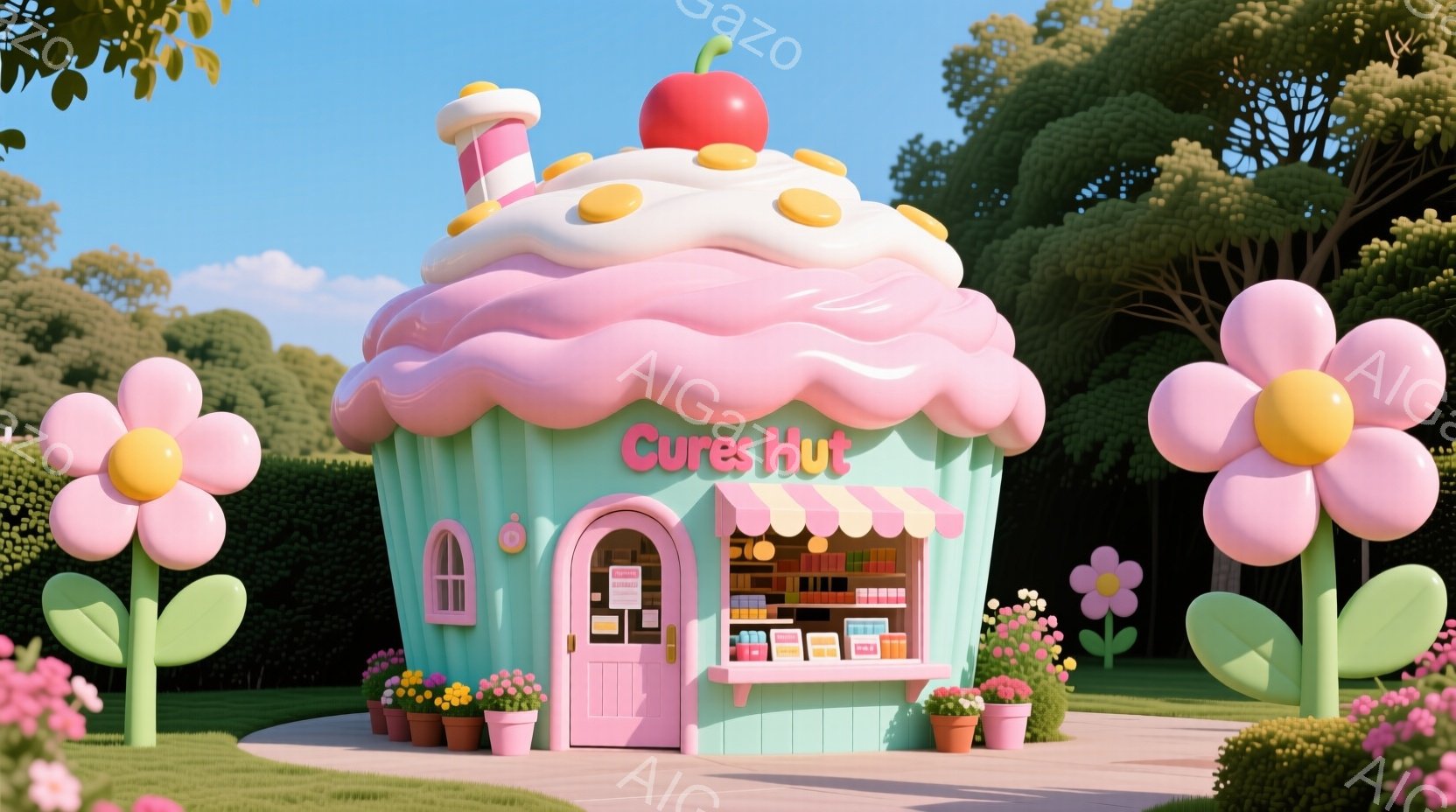 明るい緑色の芝生の上に、ピンク色のアイシングと大きなチェリーが飾られた、カップケーキを模した可愛らしいお店があります。お店の前に花が植えられており、背景には緑豊かな木々が広がっています。全体的にパステルカラーで統一されており、夢のような、甘くて可愛らしい雰囲気が漂っています。