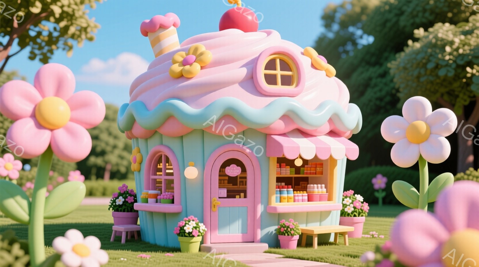 パステルピンクの可愛らしい店が、緑の芝生の上に建っています。店はまるでケーキのように装飾されており、ピンクの花が周りを彩り、甘くて夢のような雰囲気を醸し出しています。背景にはぼやけた緑の木々が見え、晴れた日の優しい光が店を包んでいます。