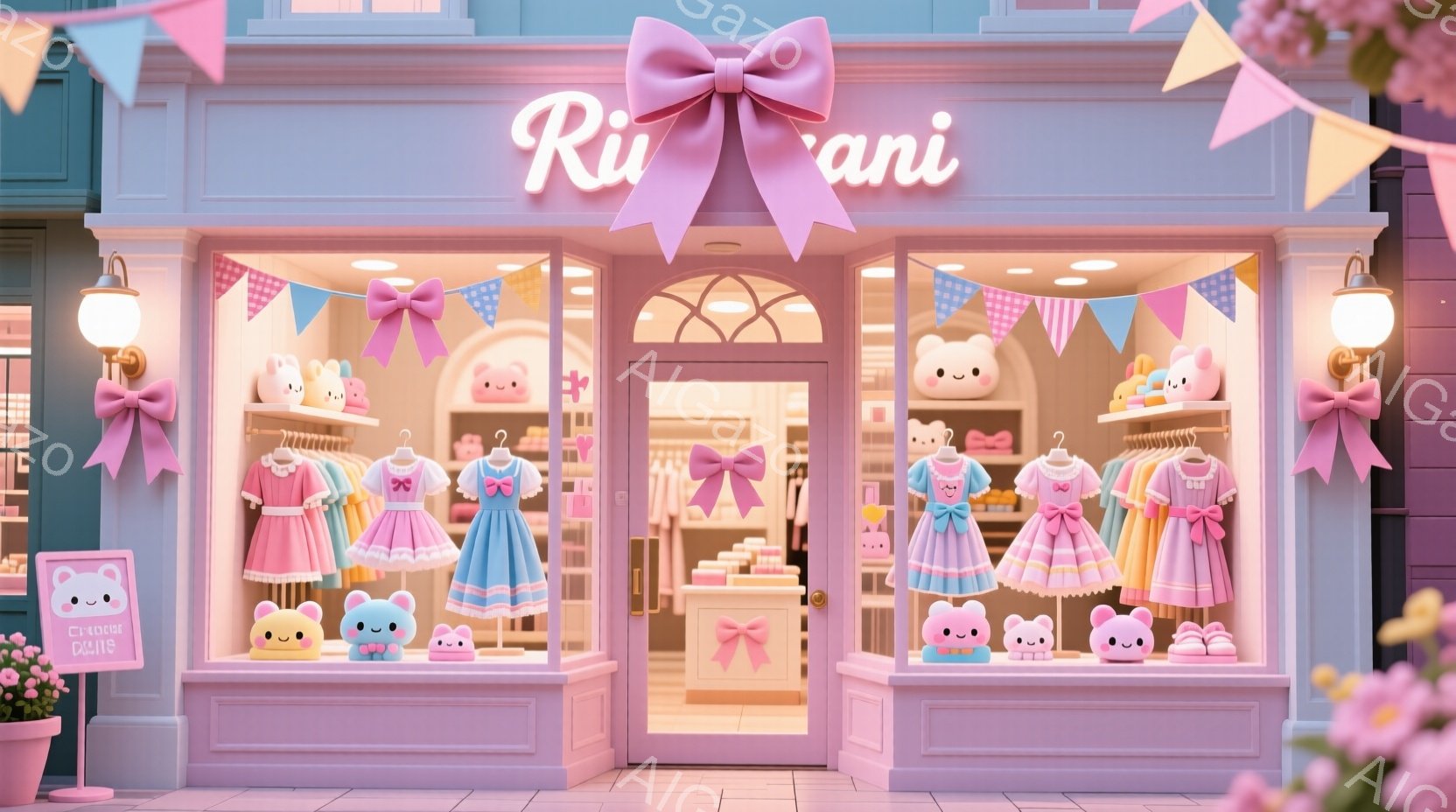 ピンクを基調とした可愛らしい洋服屋の外観です。ショーウィンドウには、リボンやフリルが付いたパステルカラーのドレスが並び、可愛らしいクマのぬいぐるみが飾られています。ピンクと水色のストライプ柄のオーニン - AI生成フリー素材