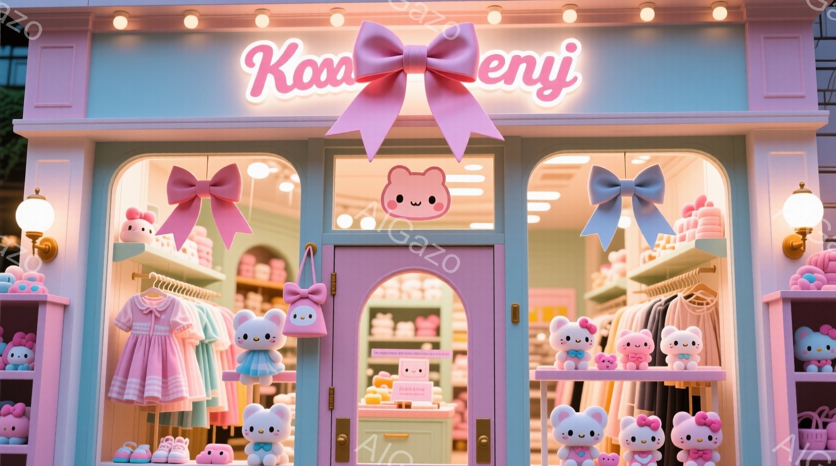ピンクを基調とした可愛らしいお店の外観です。マゼンタ色の大きなリボンが飾られた入口には、可愛らしいキャラクターのぬいぐるみや服が並んでいます。全体的にパステルカラーで統一され、夢のような雰囲気を醸し出しています。